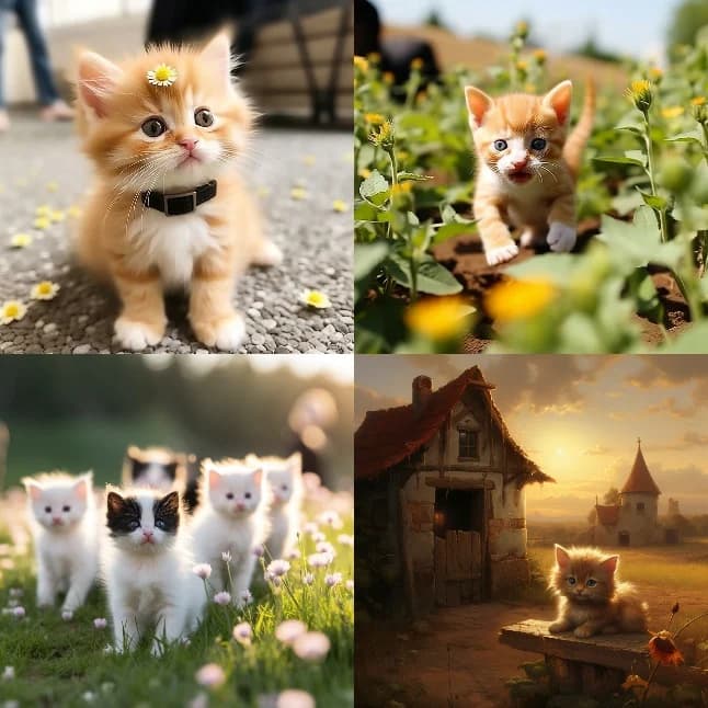 Réponse Midjourney au prompt : A cute kitten in a sunflower field --chaos 100
