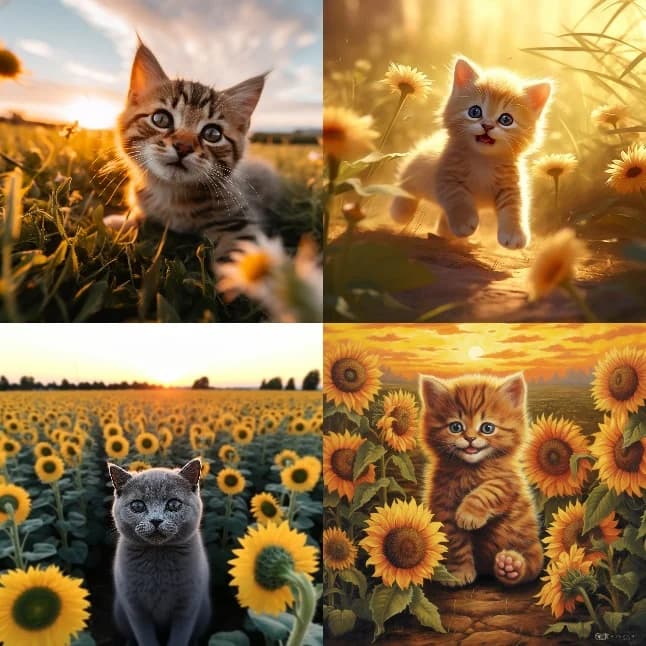 Réponse Midjourney au prompt : A cute kitten in a sunflower field --chaos 50