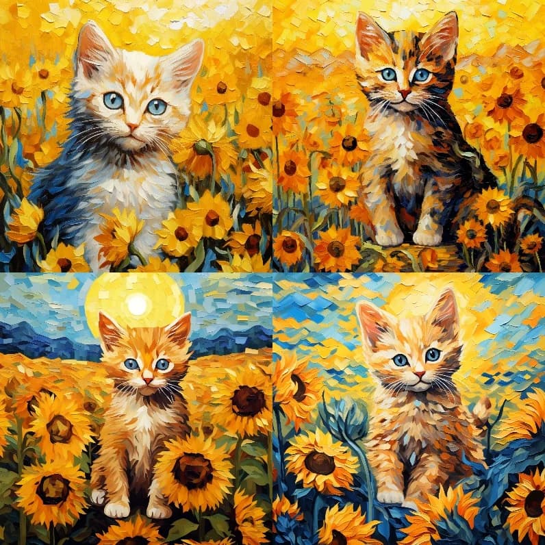 Réponse Midjourney au prompt : A cute kitten in a sunflower field, style of Van Gogh