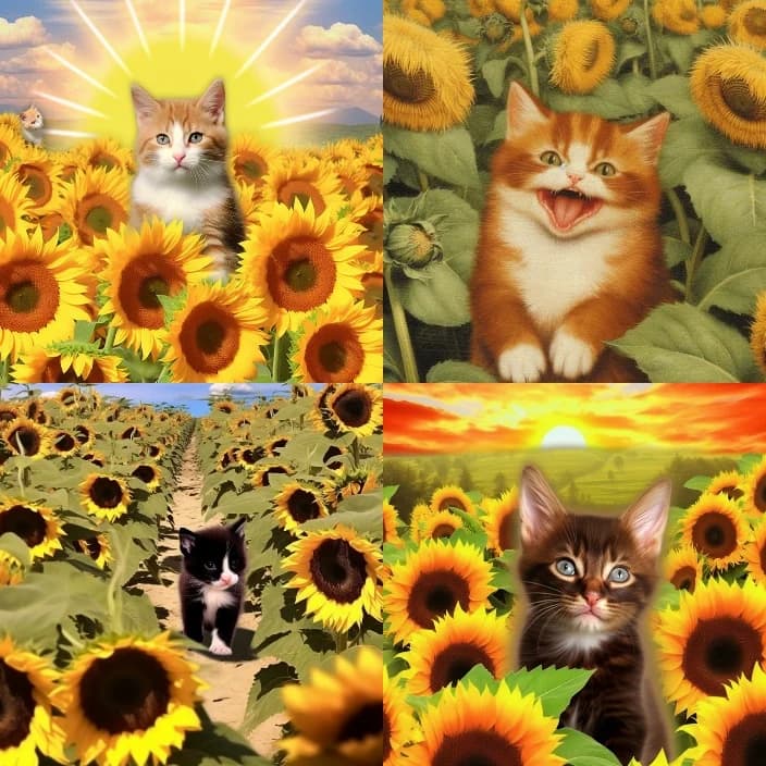 Réponse Midjourney au prompt : A cute kitten in a sunflower field --weird 1000
