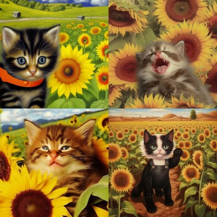 Réponse Midjourney au prompt : A cute kitten in a sunflower field --weird 3000