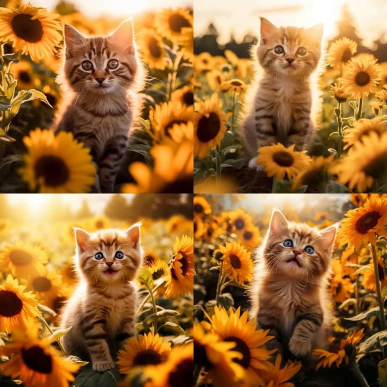 Réponse Midjourney au prompt : A cute kitten in a sunflower field