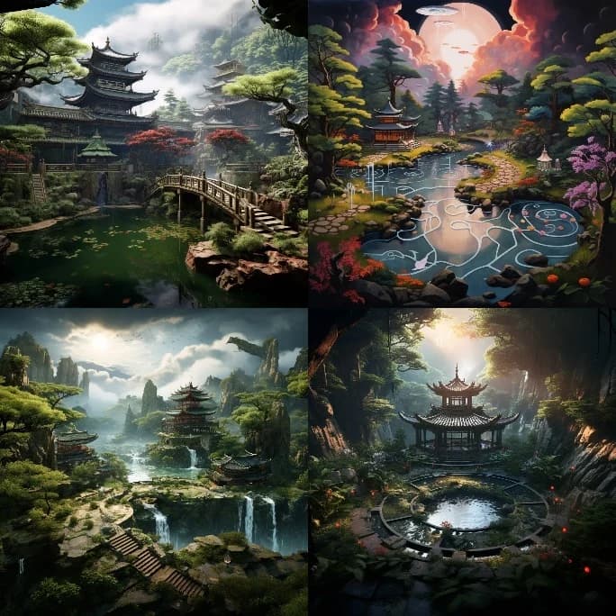 Réponse Midjourney au prompt : A zen garden --no sand